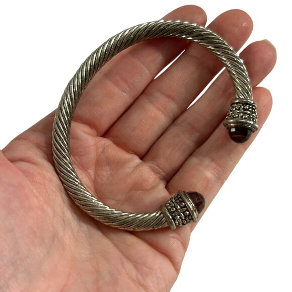 Twisted Cable Cuff Bracelet Silver Tone Open Bangle Faceted Red Imitation Stone - Picture 8 of 9